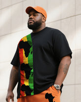 Men's Plus Size Black With Hermes Orange Creative Stripe African Figure Print T-Shirt Shorts Suit
